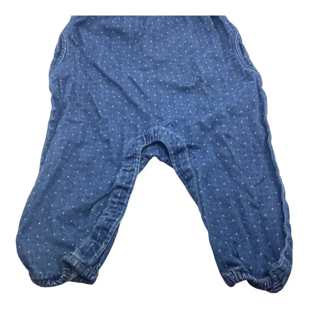 Baby Gap Denim Jumpsuit Romper Baby Girl 6-12 Months‎ Blue Polka Dot Tie Straps